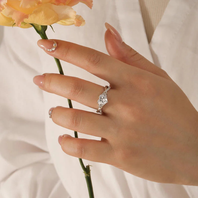 Custom Heart Promise Ring with Leaves Design Twist Band